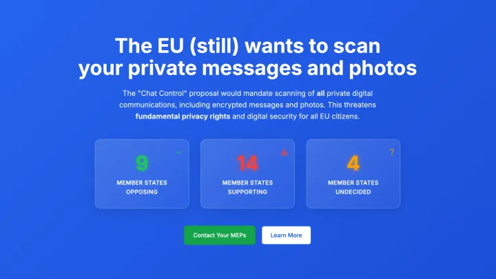 Screenshot of the Fight Chat Control website showing a count of member states' statuses showing nine opposing, fourteen supporting, and four undecided.