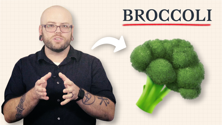 Nate Bartram is pictured on the left hand side of the image with his hands held out in front of him, to the right of Nate is a cartoon broccoli with an arrow pointing towards it.